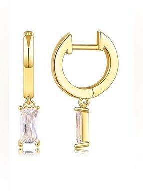 #110 Gold Plated Hoop Huggie Earrings with Clear Baguette Drop